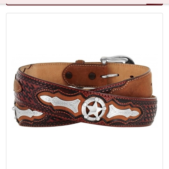 Vtg JUSTIN ODESSA STAR BROWN TOOLED LEATHER BELT Silver Buckle 1994 C10765 Sz 42 - Picture 6 of 17